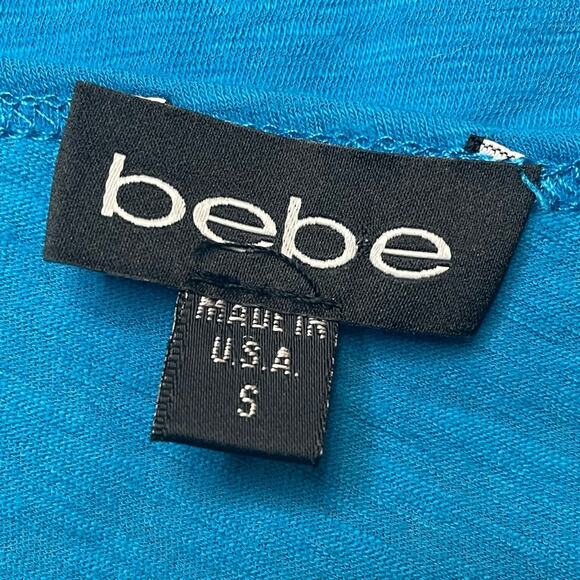 BEBE RARE Y2K FLUTTER COLD SHOULDER RHINESTONE LOGO T-SHIRT BLUE - S - Picture 5 of 8